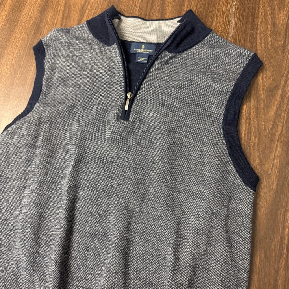 Brooks Brothers Extra Fine Merino Wool Quarter Zip Sweater Vest Navy Gray Mens L